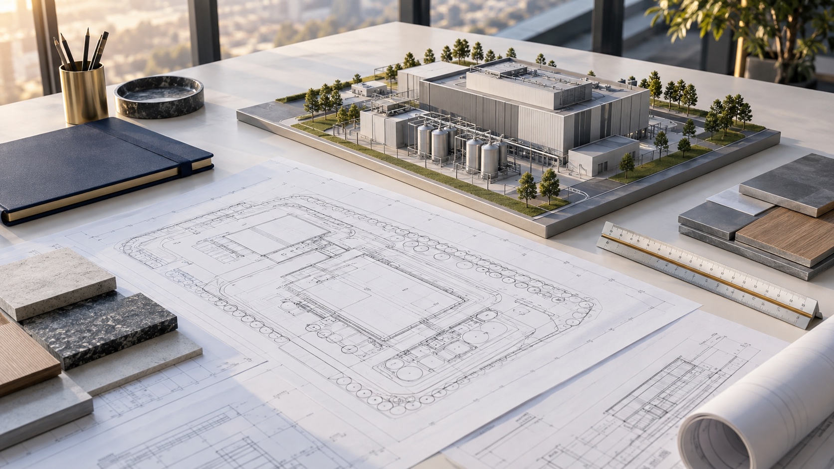 Illustrative technical facility model, plans and material samples for design and delivery coordination
