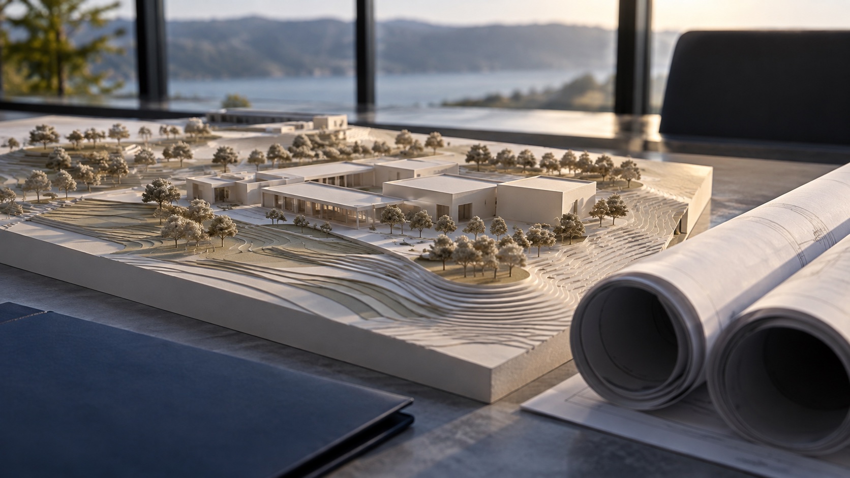 Illustrative architectural model and plans for assessing a development opportunity
