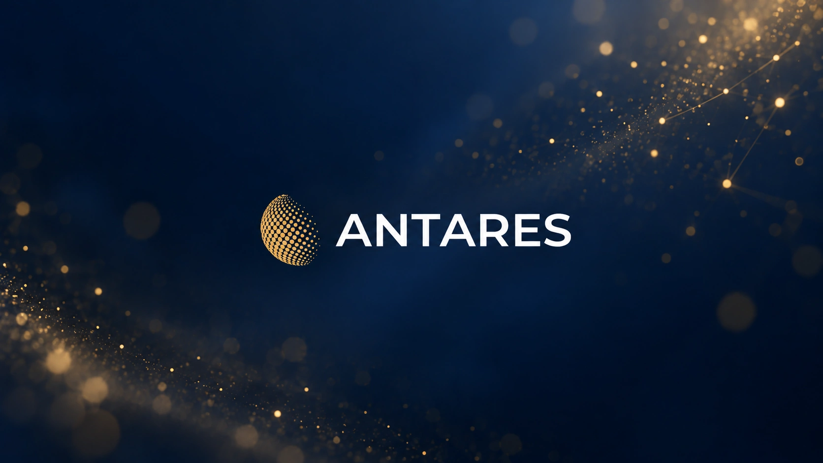 ANTARES logo centered on navy with gold lights and fine connecting lines