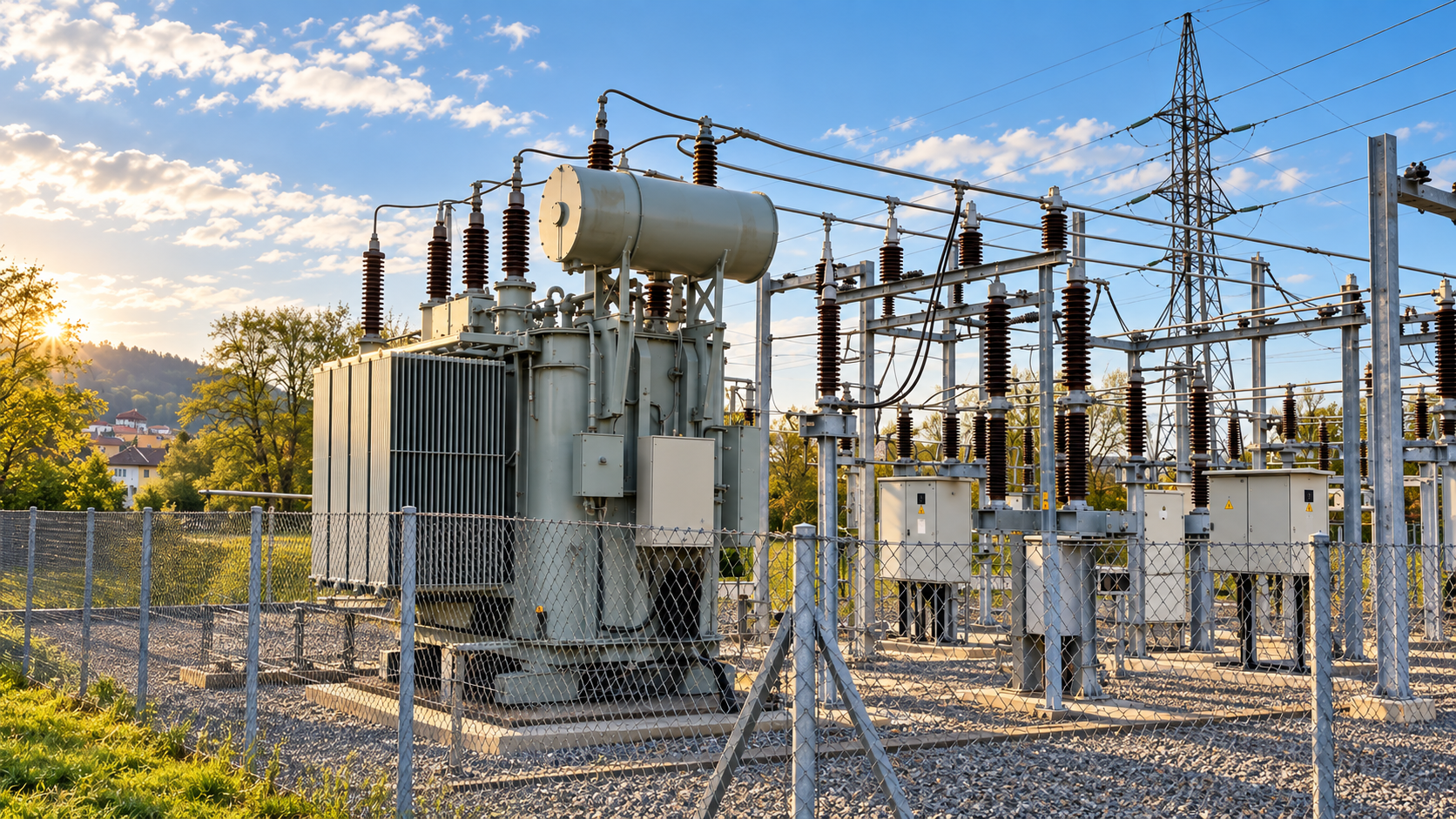 Illustrative electrical substation in clear morning sunlight