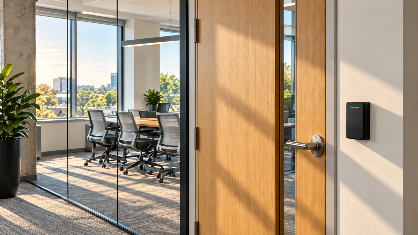Illustrative secure office entrance with an access reader in warm natural light