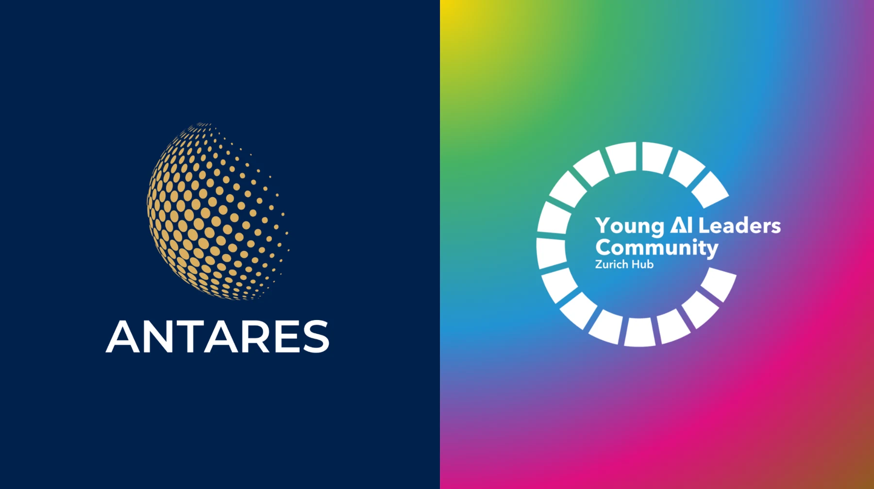Equal panels showing ANTARES on navy and Young AI Leaders Zurich on a multicolour gradient