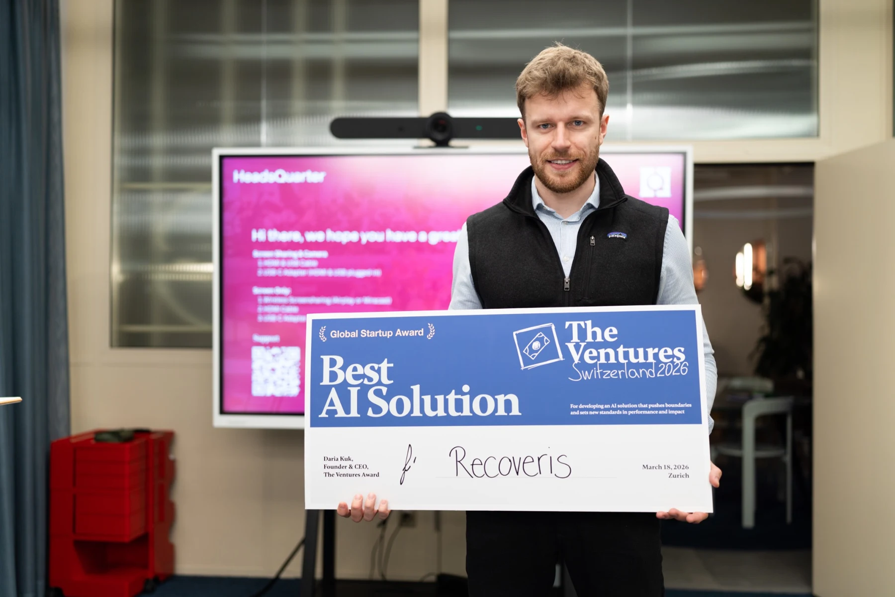 Best AI Solution award certificate for Recoveris