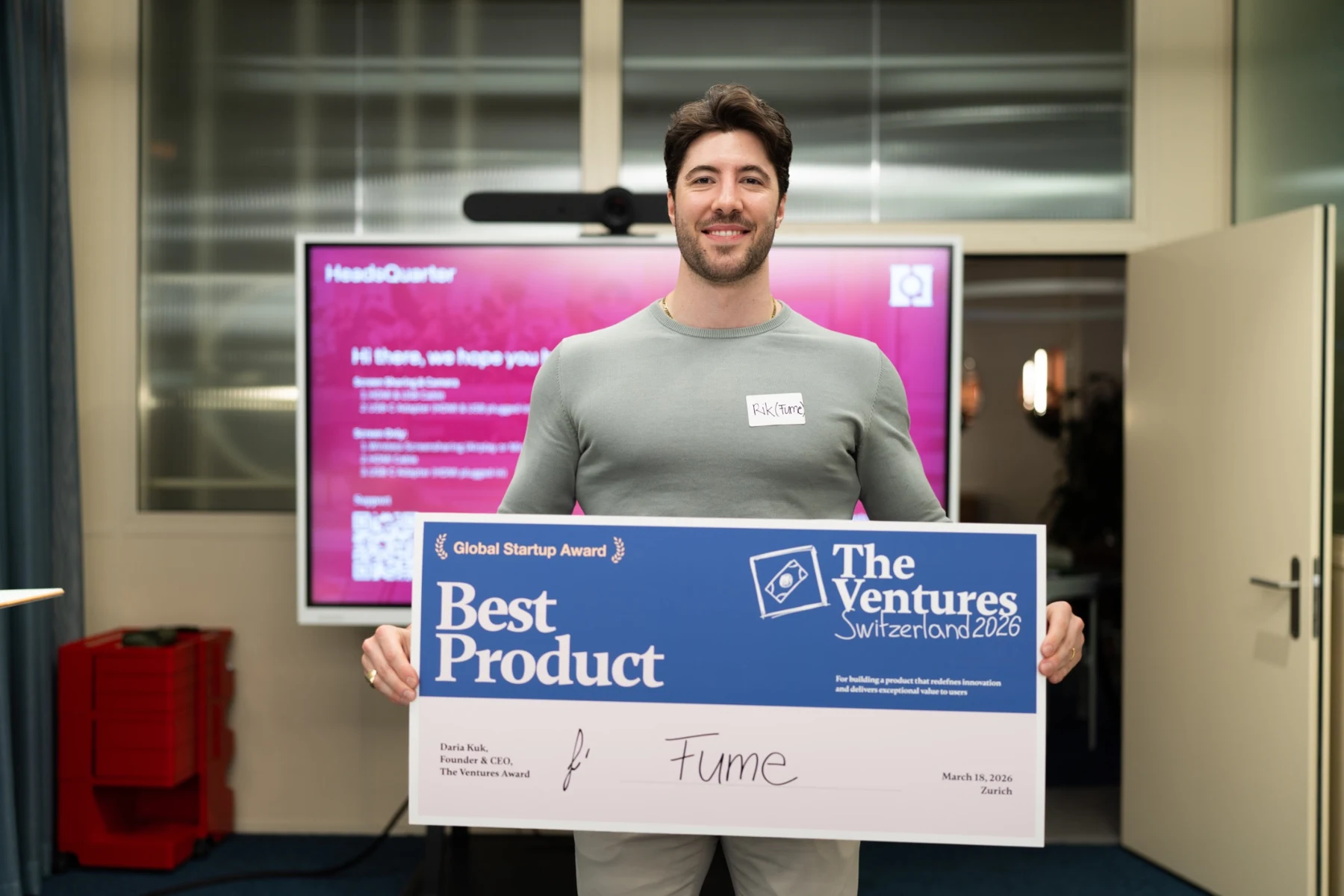 Best Product award certificate for Fume